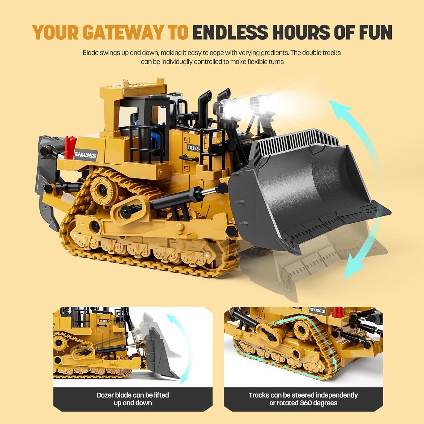 Remote Control Bulldozer Toy for Kids – 9-Channel RC Construction Vehicle with Metal Blade, Lights & Sound, 1:20 Scale Alloy Dozer for Boys Ages 3+, Rechargeable - PuriLite