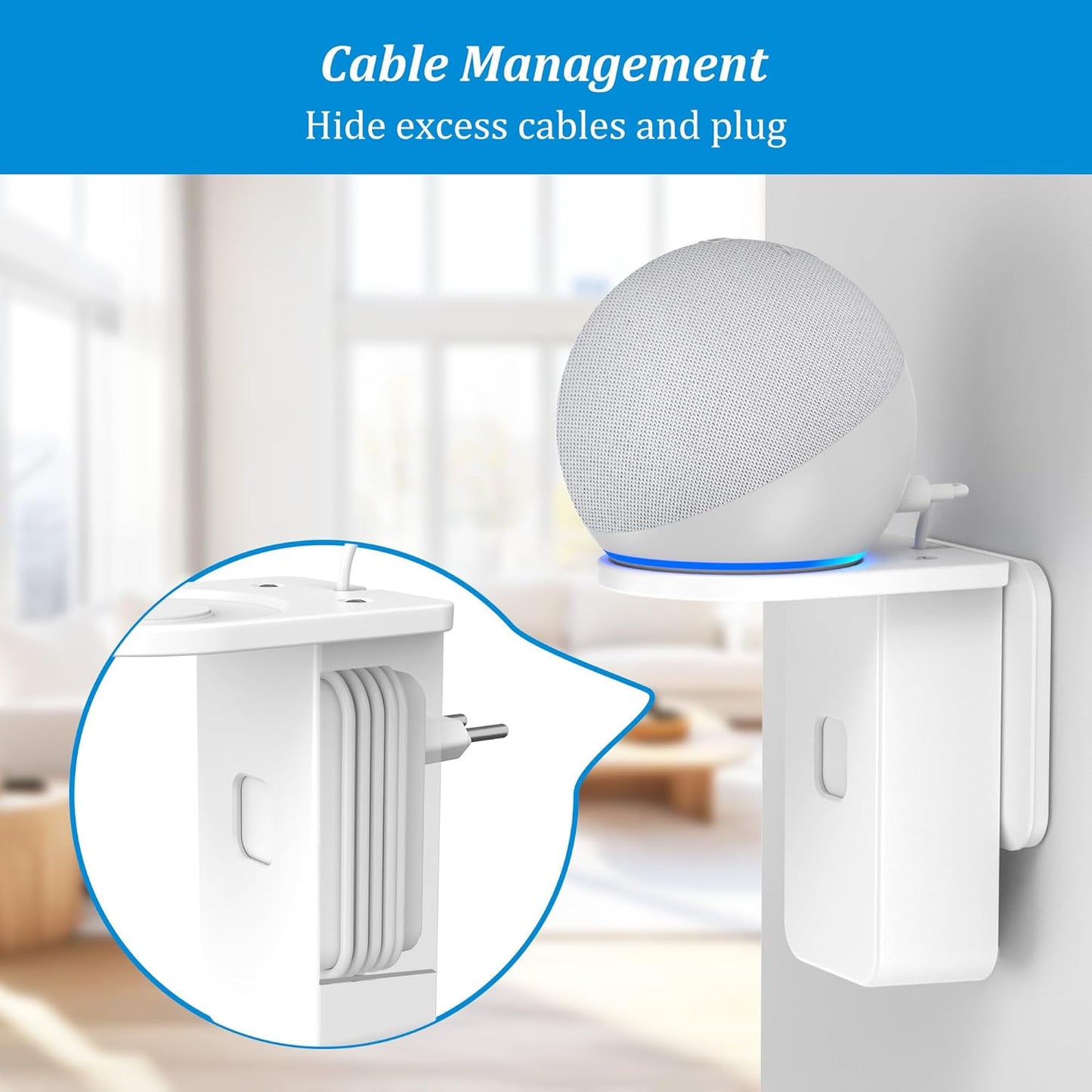 PlusAcc Wall Mount for Dot 5th & Dot 4th Gen & Pop & Google Nest Mini - Upgraded Alexa Dot 5th/Dot 4th Gen Outlet Holder Stand Shelf Accessories with Cable Management, No Drilling Required (White)