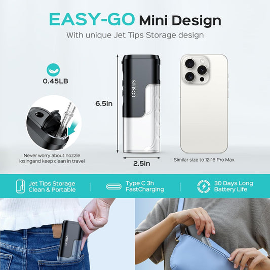 COSLUS Portable Water Flosser for Travel: Mini Water Flossers For Teeth Quick Clean, 4 Modes & Removable Tank for Family, Nozzle Storage, Cordless Compact Design One The Go Use, IPX7 Waterproof, Black - PuriLite