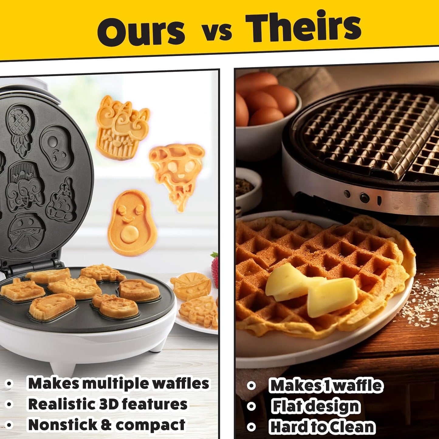 Kawaii Fun Snacks Mini Waffle Maker - 7 Different Food Emoji Designs Featuring an Avocado, Pizza, Ramen, Taco & More - The Cool Electric Waffler Gift for Amazing Kid's Breakfasts and Holiday Gifts