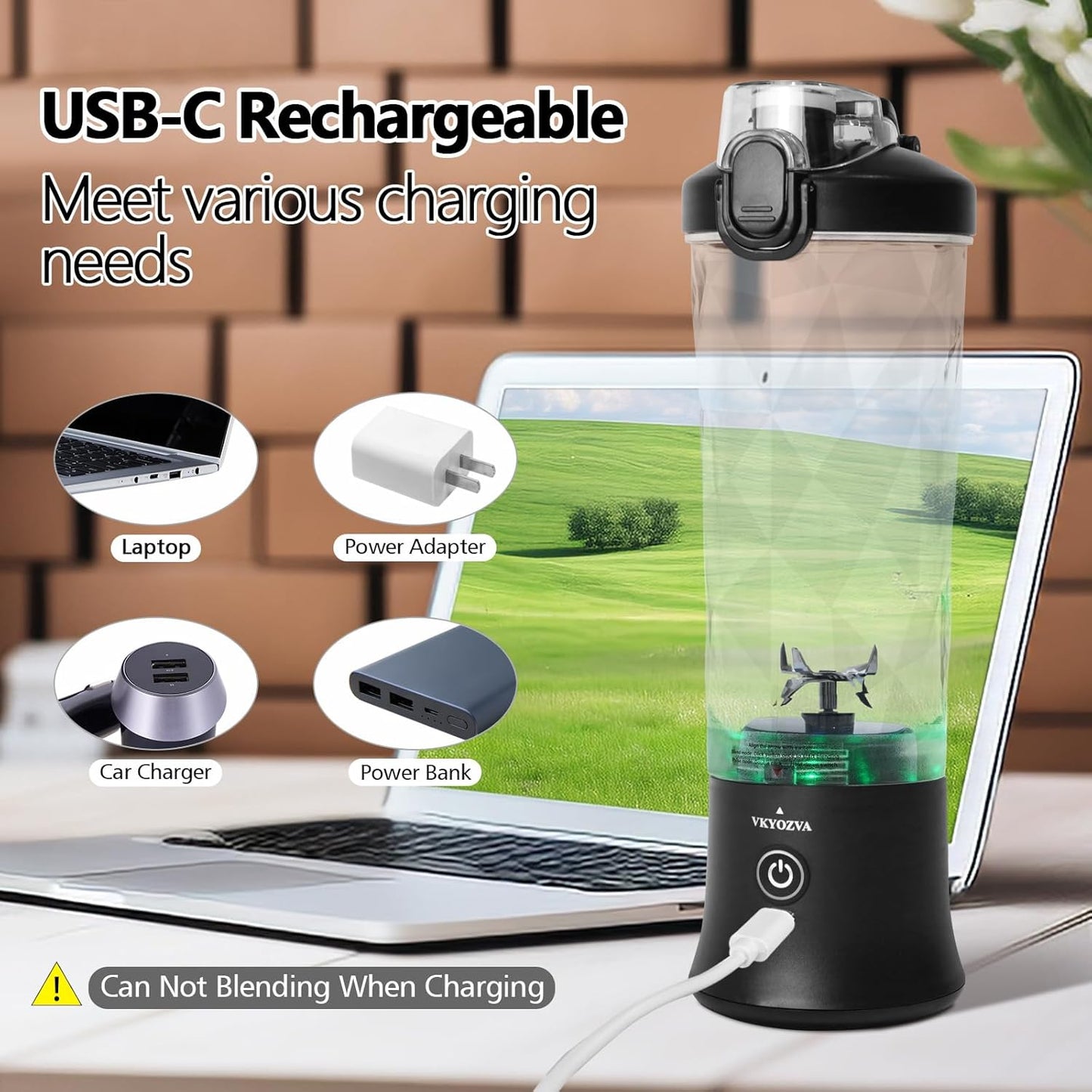 VKYOZVA Portable Blender, 20 Oz Travel Blender USB-C Rechargeable with 6 -leaf Stainless Steel Blades, BPA Frees, Personal Blender for Shakes and Smoothies,Suitable for Family Travel Gyms, Black