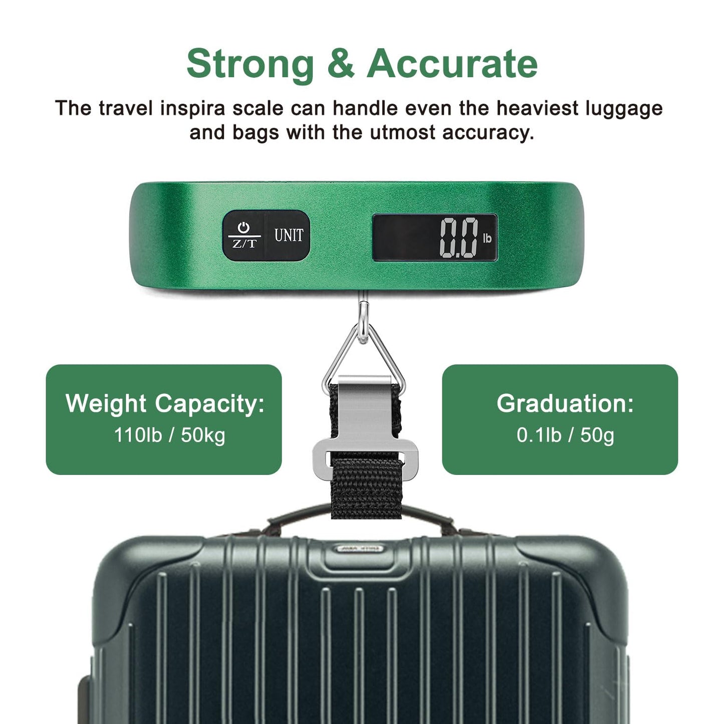 travel inspira Luggage Scale, Portable Digital Hanging Baggage Scale for Travel, Suitcase Weight Scale with Rubber Paint, 110 Pounds, Battery Included - Blue