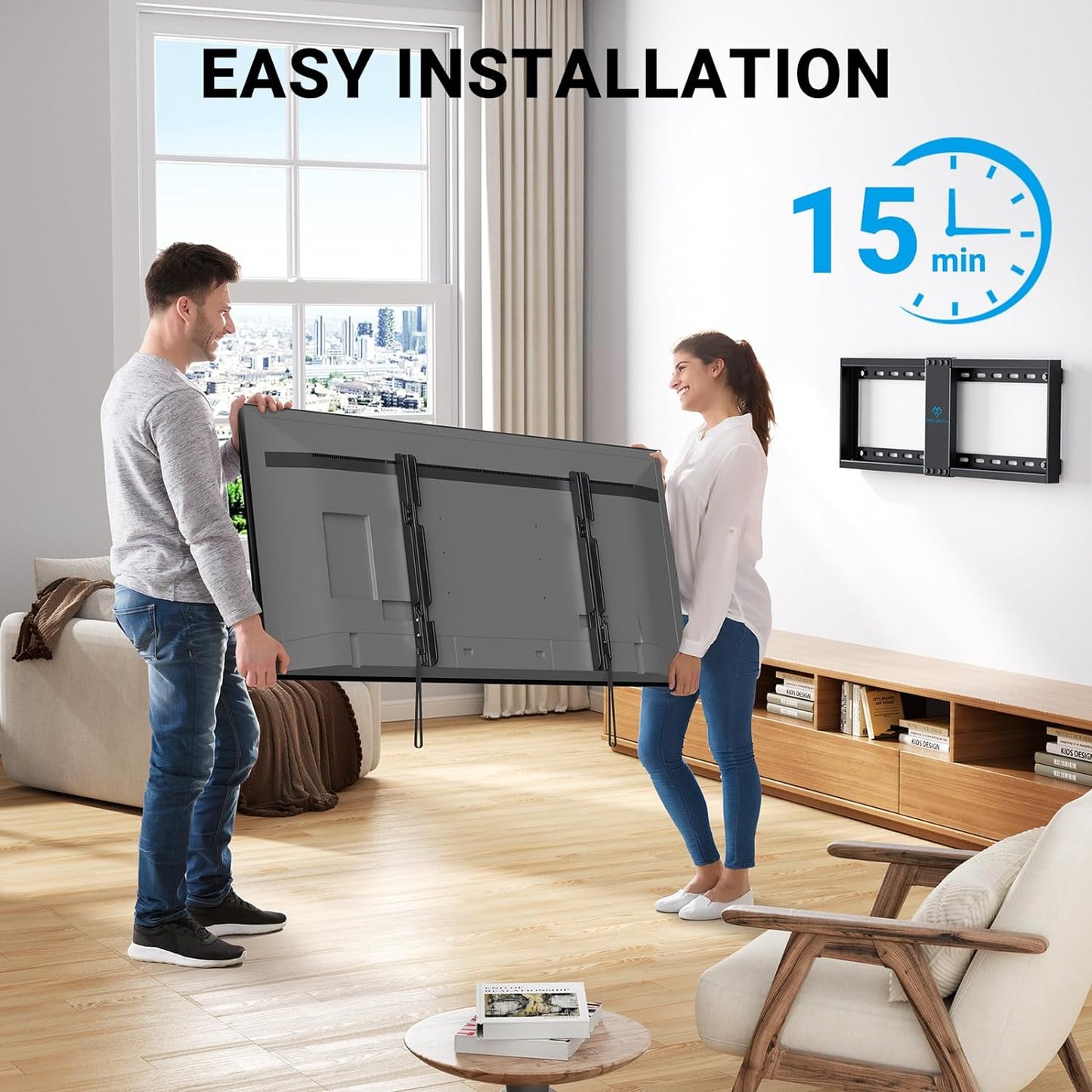 PERLESMITH Fixed TV Wall Mount Bracket Low Profile for 32-82 inch LED, LCD, and OLED Flat Screen TVs - Fits 16”- 24” Wood Studs, Fixed TV Mount with VESA 600 x 400mm Holds up to132lbs (PSLLK1), Black