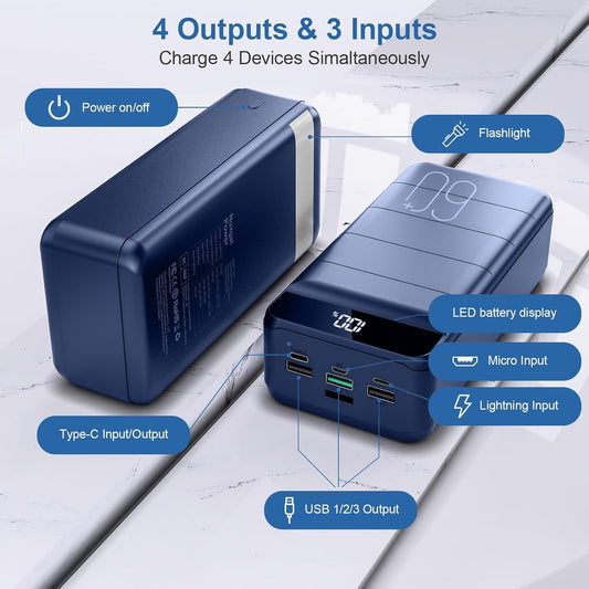 PowerBank 60000mAh Fast Charging,Battery Pack 22.5W Power Bank with USB C, Portable Charger,4 Outputs and 3 Inputs LED Display Compatible with Android Tablets iPhone etc.