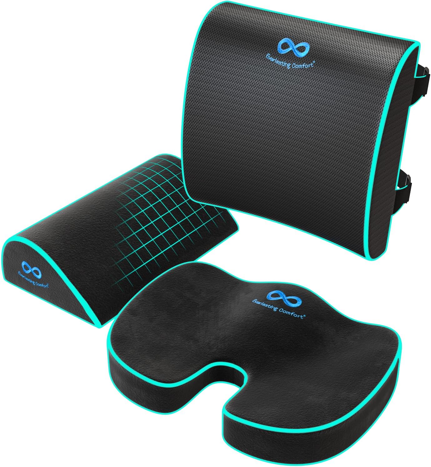 Everlasting Comfort Memory Foam Seat Cushion - Office Chair Cushion for Work, Travel, Car Support Pillow for Driving - Portable Seat for Chairs and Desks - Coussin Chaise - Black