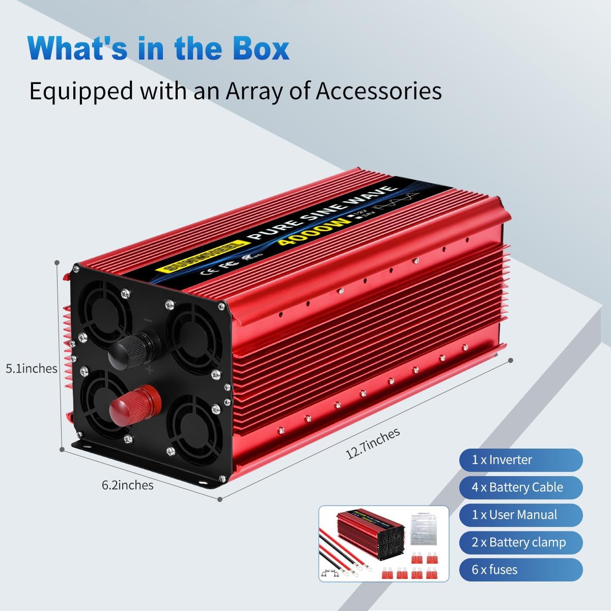 SUNWHEEL 4000W Pure Sine Wave Inverter, 12V DC to 110V/120V AC Power Inverter for RV、Microwave、Off Grid、Truck、Refrigerator、Air Conditioner with 4 AC outlets and LCD Display