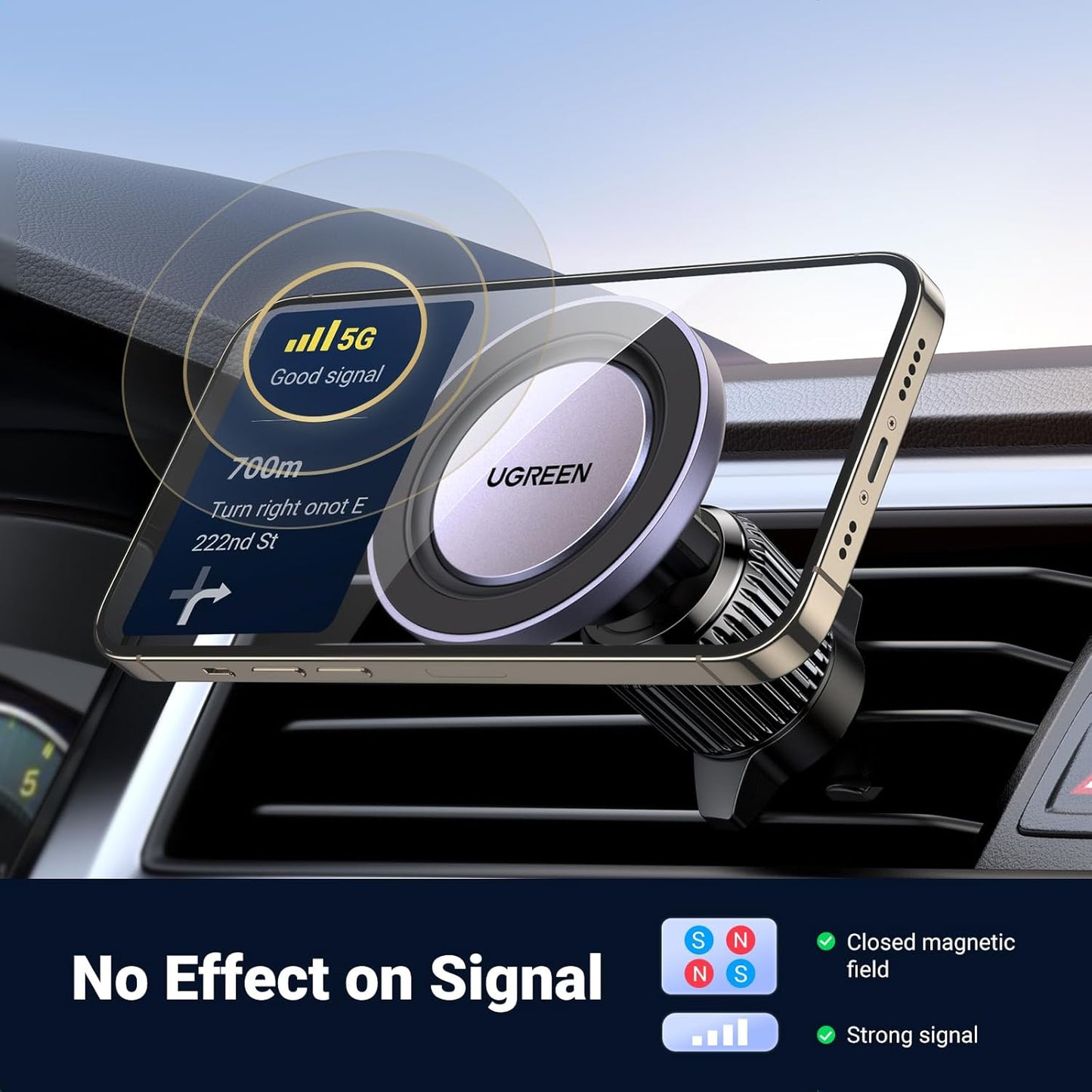 UGREEN Fits MagSafe Car Mount Upgrade Strong Enlarged Magnets for iPhone 14 13 12 Pro Max Series Magsafe Case, Super Stable Magnetic Phone Holder Car Vent Mount for All Phones with 2 Metal Rings