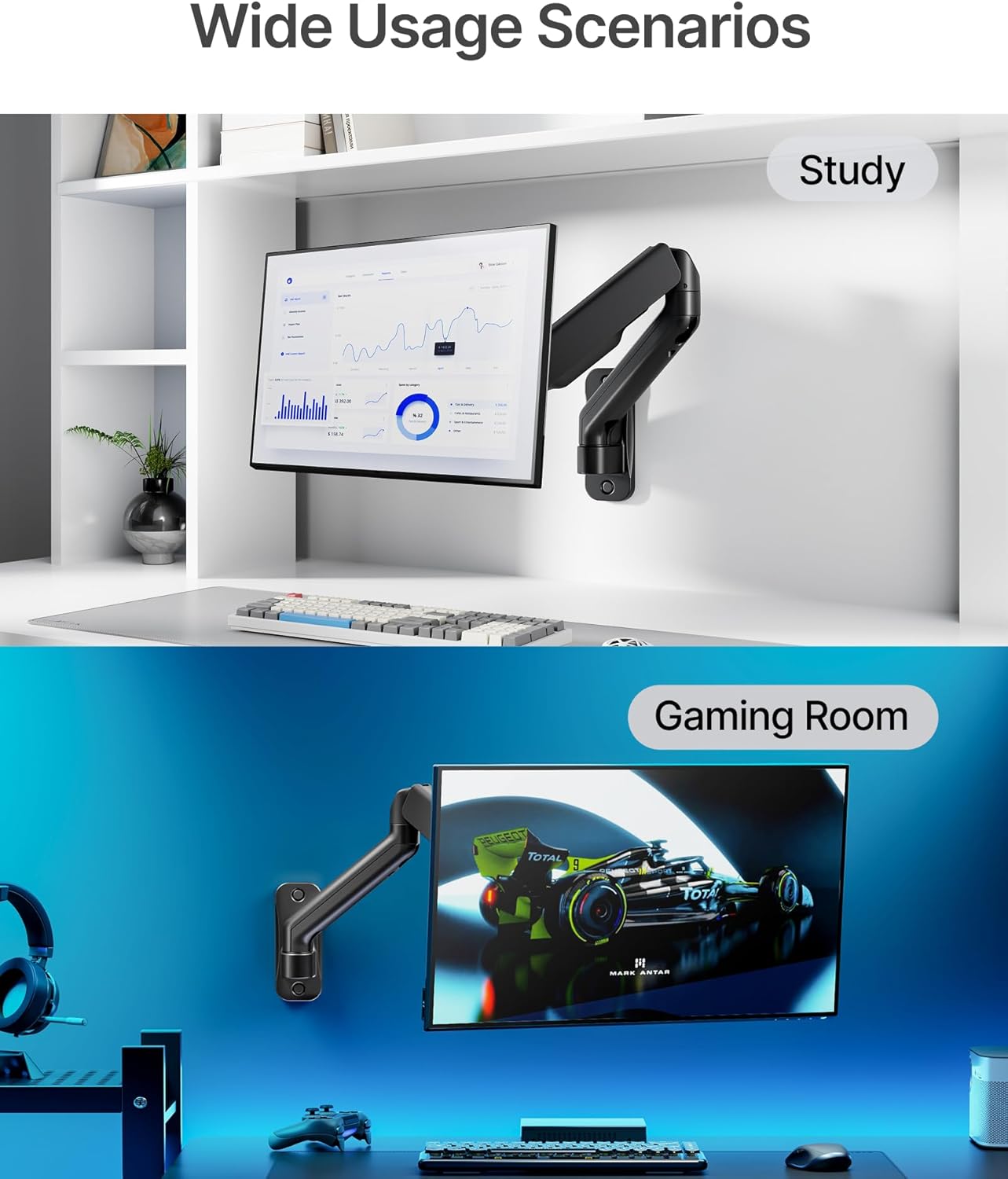 monTEK Single Monitor Wall Mount for 17 to 32 inch Flat/Curved Screens, Holds to 19.8 lbs, Full Motion Adjustable Mechanical Spring Monitor Arm, 75x75/100x100 VESA Wall Mount, Black