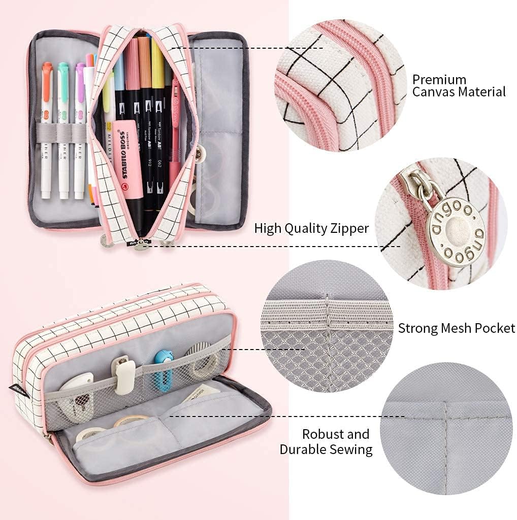 Big Capacity Pencil Case, OLIYuMi 3 Compartment Pencil Pouch Pencil Bag Storage Box Stationery Organizer Makeup Bag with Zipper Closure for Student Office College Boys and Girls (Pink)