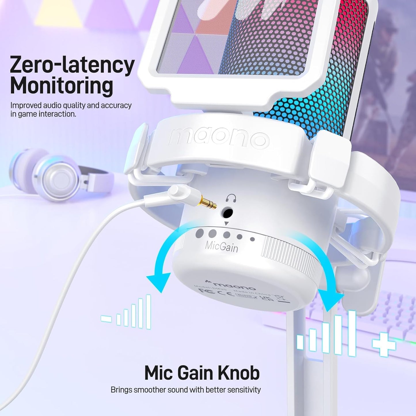 MAONO Gaming USB Microphone, Noise Cancellation Condenser mic with Mute, Gain, Monitoring, Boom Arm for Streaming, Podcast, Vocal, Twitch, YouTube, Discord, PC, Computer, PS4, PS5, Mac, DGM20S