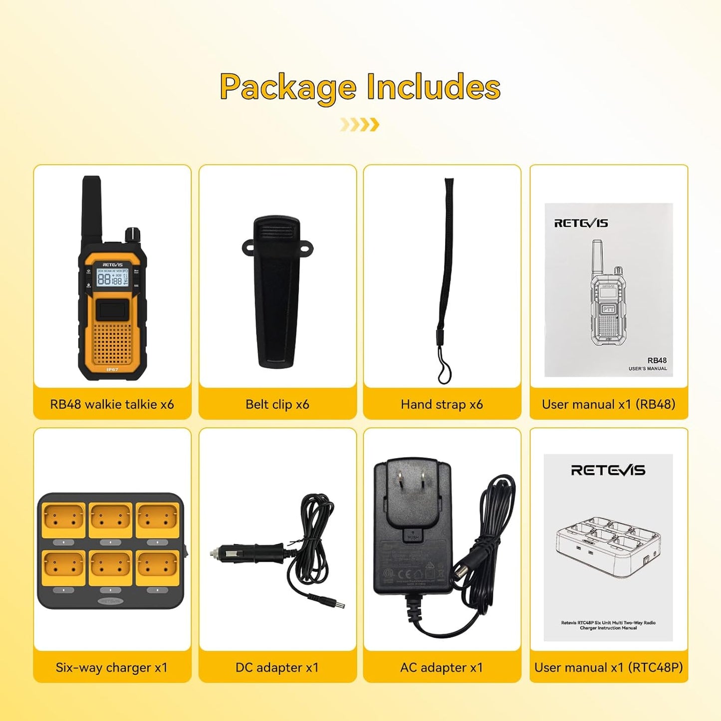 Retevis RB48 Walkie Talkies for Adults, Heavy Duty 2 Way Radios Long Range with Six-Way Charger, IP67 Waterproof, Shock Resistant, Dual PTT, 2000mAh Battery Two Way Radio,Jobsite Construction(6 Pack)