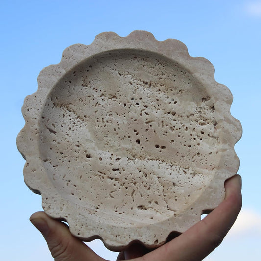 Natural Travertine Scalloped Edge Jewelry Dish, Marble Small Round Jewelry Tray, Trinket Dish Ring Dish for Women Gift - PuriLite