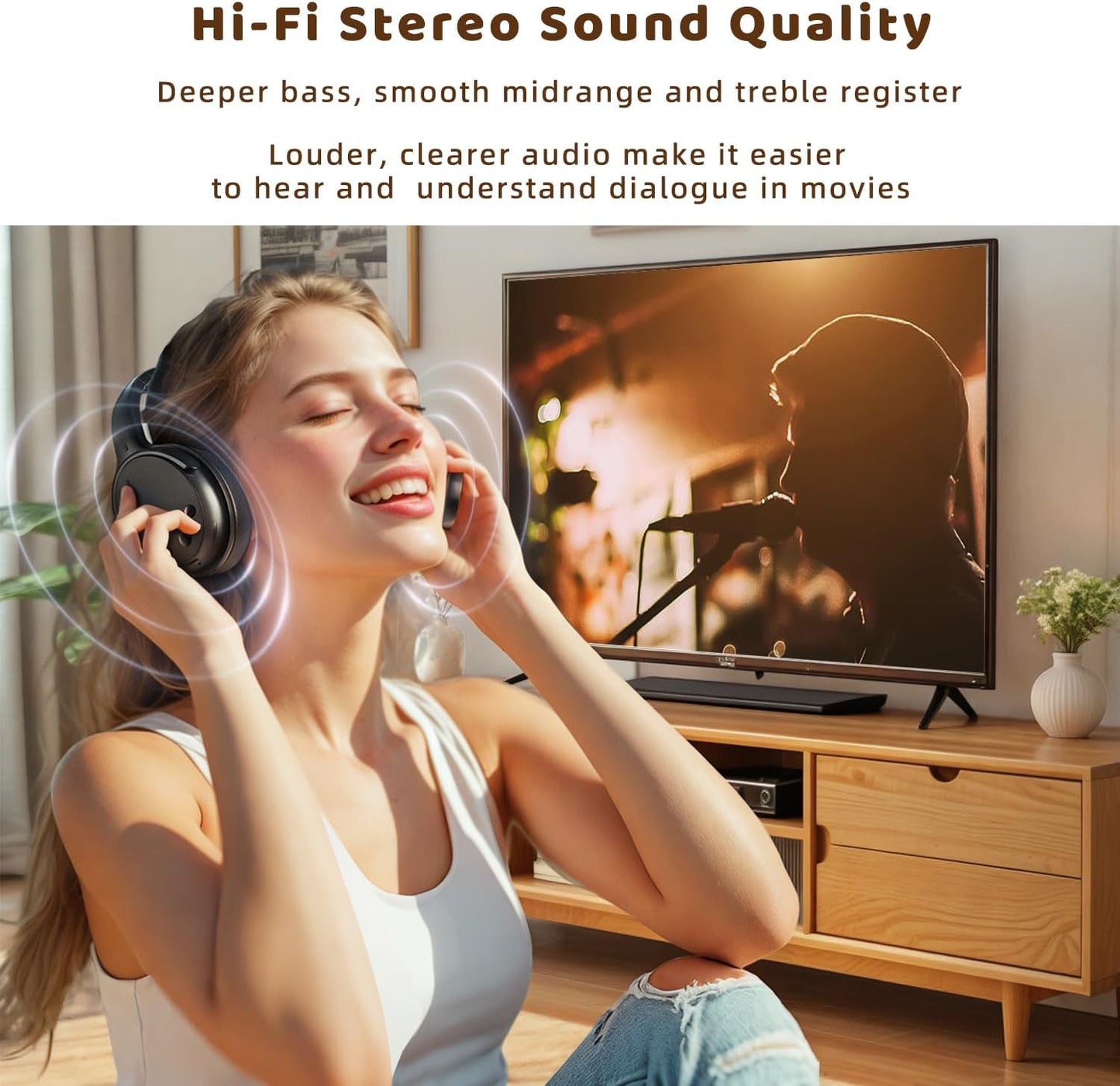 Holdsound Wireless Headphones for TV Watching, TV Headphones Wireless for Seniors with USB Transmitter, 25hrs, No Lip-Sync Delay, Plug and Play, Gifts for Elderly,Light Black