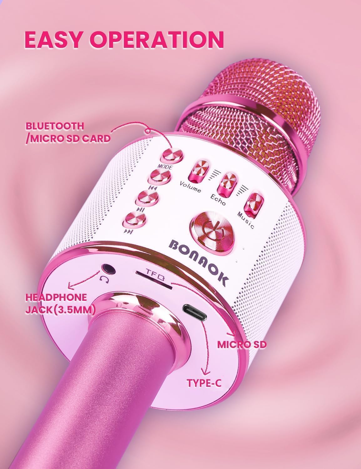 BONAOK Wireless Bluetooth Karaoke Microphone,3-in-1 Portable Instrument Wireless Microphone Mic Speaker Machine Home Party Birthday for All Smartphones(Black)