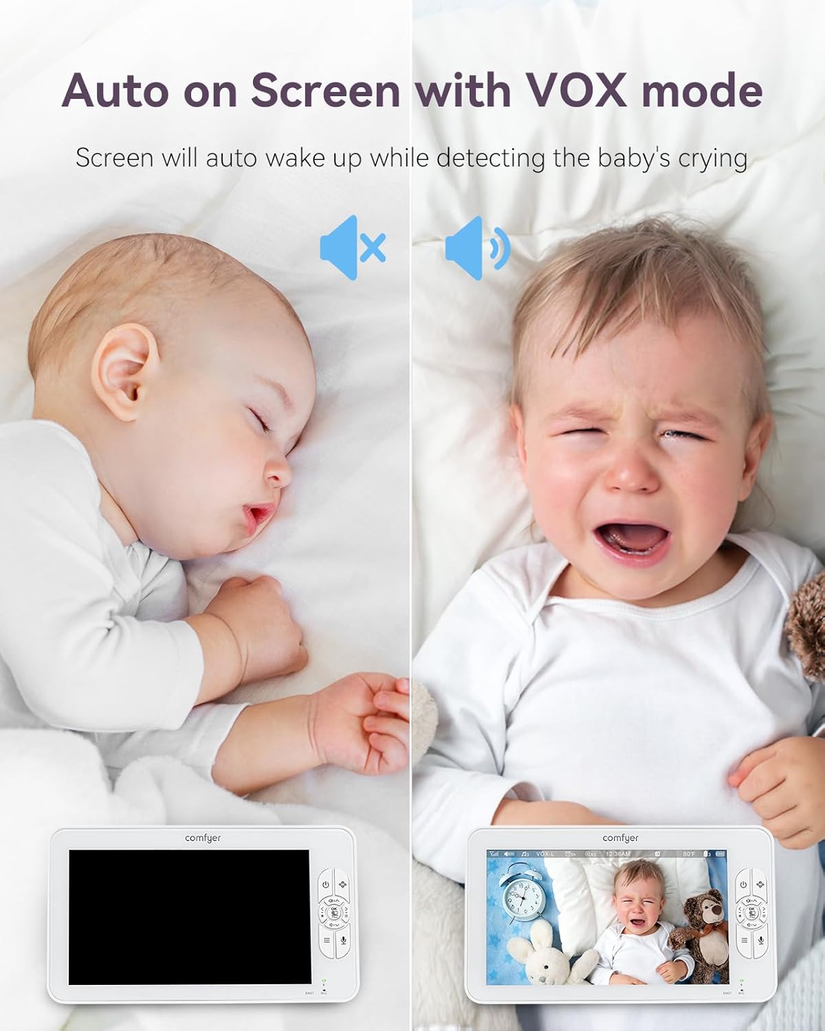 Comfyer 7" HD Split-Screen Baby Monitor with 2 Cameras, Video Baby Monitor with Camera and Audio, Flexible Bracket, Non-WiFi, VOX Mode, 2 Way Audio, Remote PTZ, Auto Night Vision