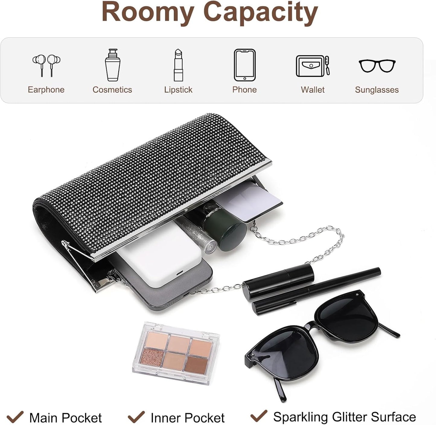 DTGN Evening Bags Clutch Purses for Women Formal, Rhinestone Purse Handbag Crossbody Bag Shoulder Bag for Wedding Guest Party