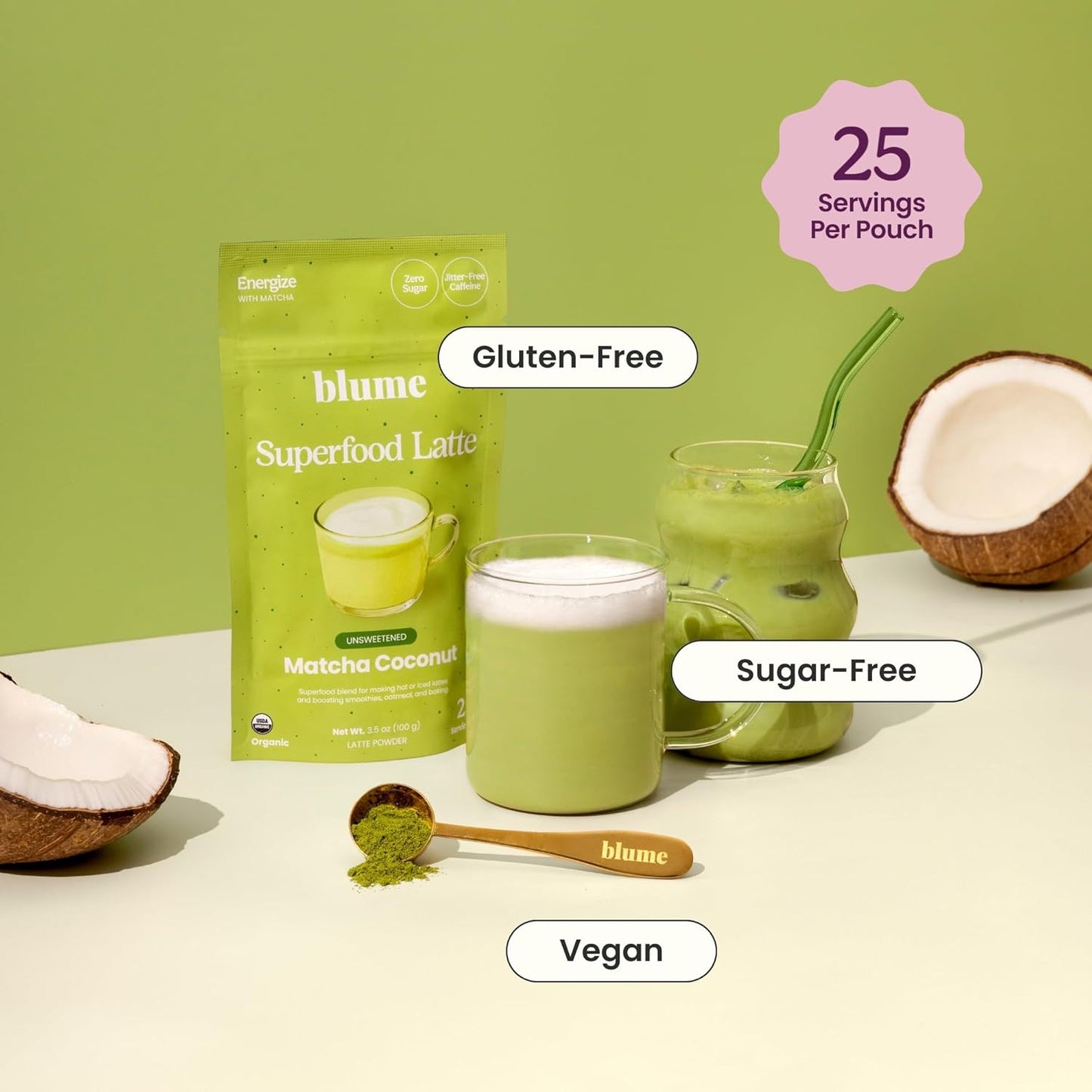 Blume Superfoods Latte - Matcha Powder with Coconut, Natural Caffeine, L-Theanine, All Day Energy & Focus, Sugar-Free, Moringa, Vegan, Organic Matcha Latte from Shizuoka Japan, Green Tea - 25 Servings - Canadian Brand