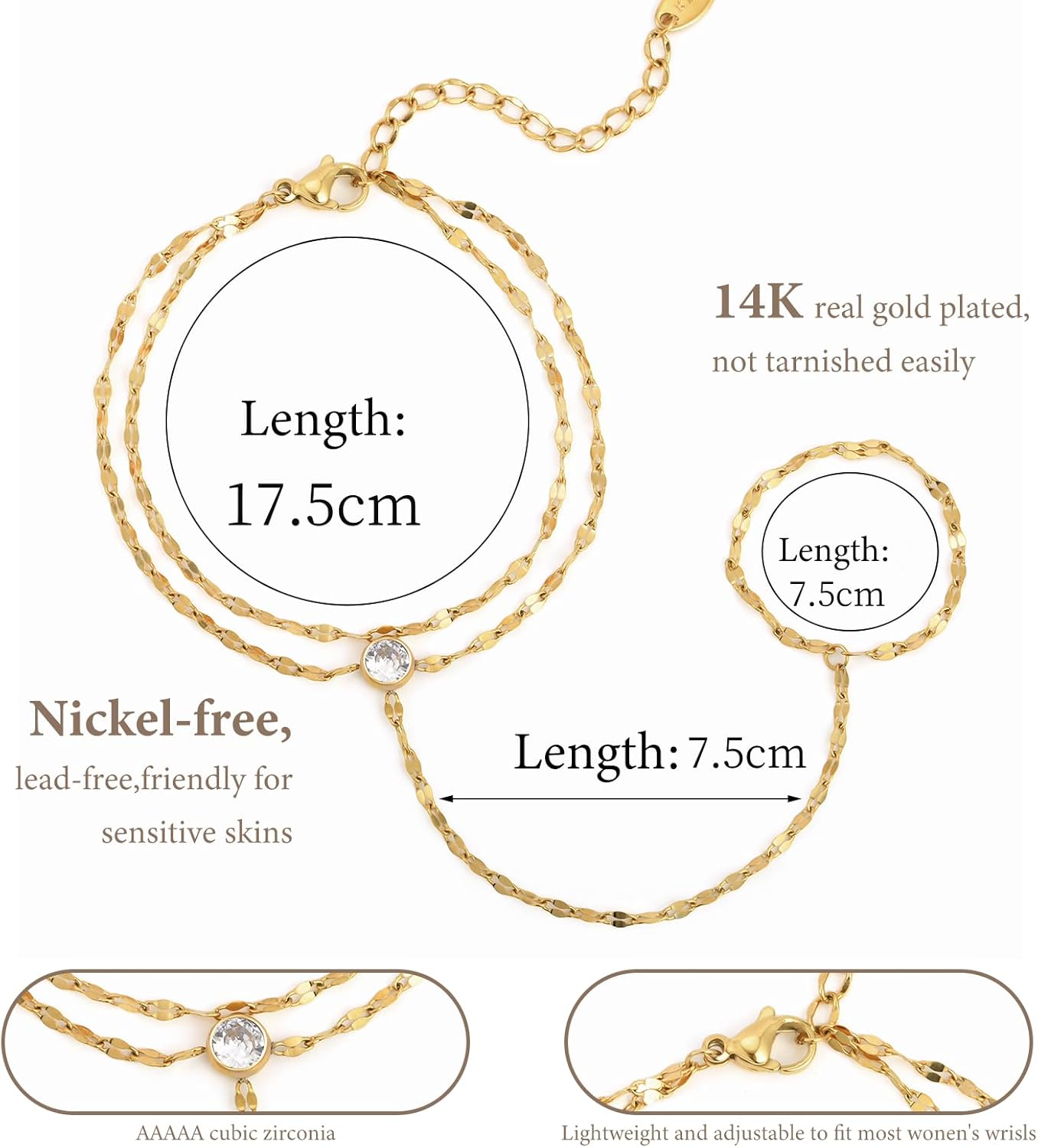 Hand Chain Ring Bracelet For Women, 14k Gold Plated Dainty Cubic Zirconia Minimalist Finger Ring Bracelet, Trendy Stuff Jewelry Gifts To Wife Girfriend Daughter Sister BBF, 17.5cm/7.5cm