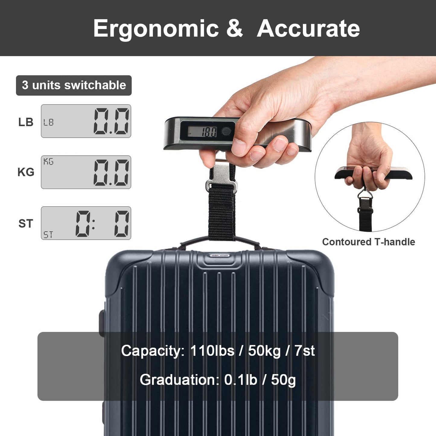 travel inspira Luggage Scale, Portable Digital Hanging Baggage Scale for Travel, Suitcase Weight Scale with Rubber Paint, 110 Pounds, Battery Included - Blue