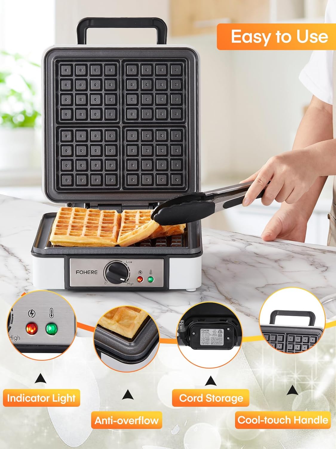 FOHERE Waffle Maker, 4-Slice Waffle Iron, Square Belgian Waffle Maker, with 5 Browning Levels, Non-Stick Plates, Indicator Lights, Cool Touch Handle, Recipe, 1200W (White)