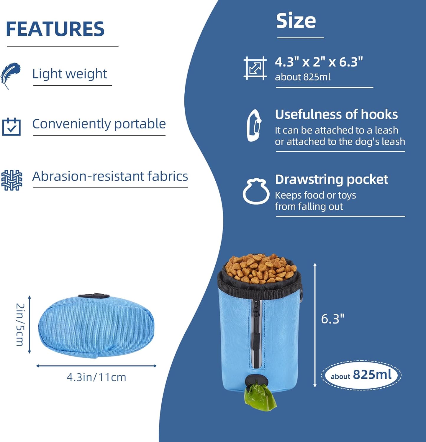 Ownpets Dog Treat Pouch, Pet Training Treat Bag with Drawstring Closure Design, Dog Treat Bag for Dogs Walks,Outdoor Activities, with Poop Bag Dispenser& Reflective Strip, 825ml Capacity (Blue) - PuriLite