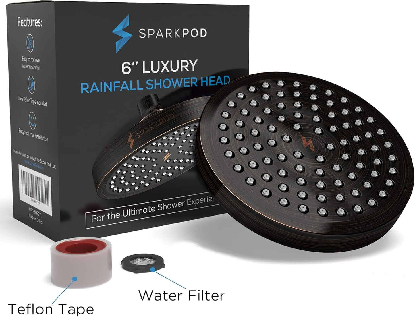 SparkPod Shower Head - High Pressure Rain - Premium Quality Luxury Design - 1-Min Install - Easy Clean Adjustable Replacement for Your Bathroom Shower Heads (Luxury Polished Chrome, 6 Inch Round)