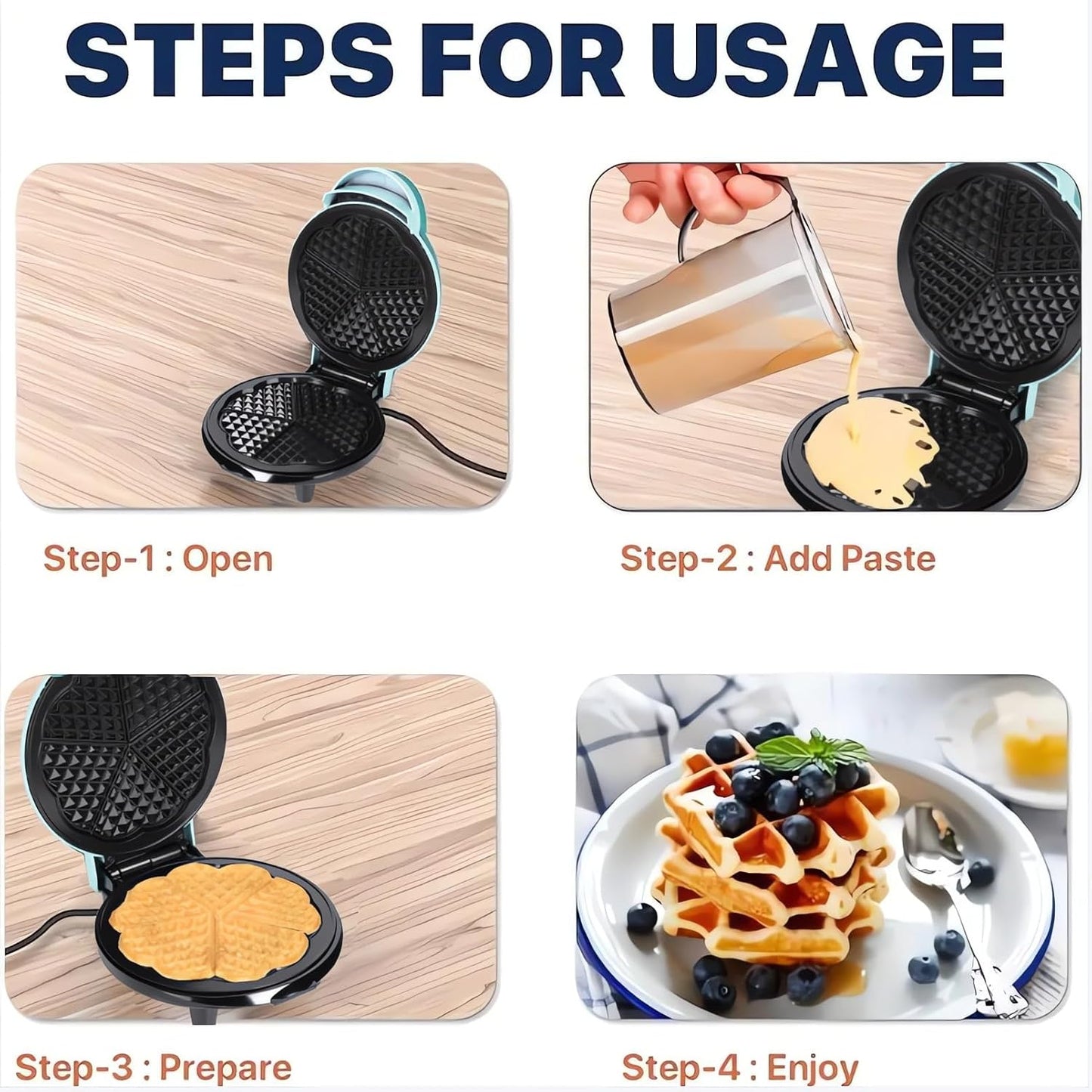 Mini Maker Waffle Maker 5“ Non-Stick Waffler Iron Stuffler Stuffed Wafflera Adjustable Browning Control, Heart, Azure