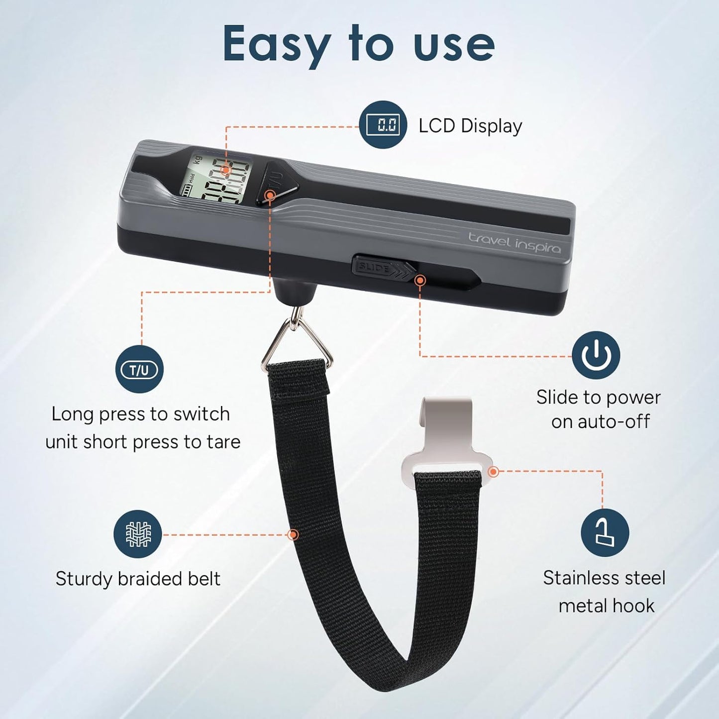 travel inspira Luggage Scale Battery-Free, Travel Essentials, Portable Handheld Digital Suitcase Weight Scale for for Travel Accessories, 110lbs/50kg (Dark Blue)