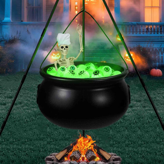 130CM Halloween Decorations Outdoor, Witches Cauldron for Yard Decorations,Halloween Decorations Indoor,Large Witches Cauldron on Tripod with Skeleton, Eyeballs String Lights for Patio Garden Lawn