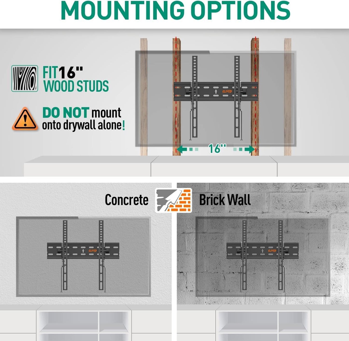 Tilting TV Wall Mount Bracket, Universal TV Mount Low Profile for 26-55 Inch Flat Screen TVs, Ultra Slim, Easy to Install with Tilting Knob, Fits 12''/16'' Studs, Max VESA 400x400mm, 99 lbs. ELIVED