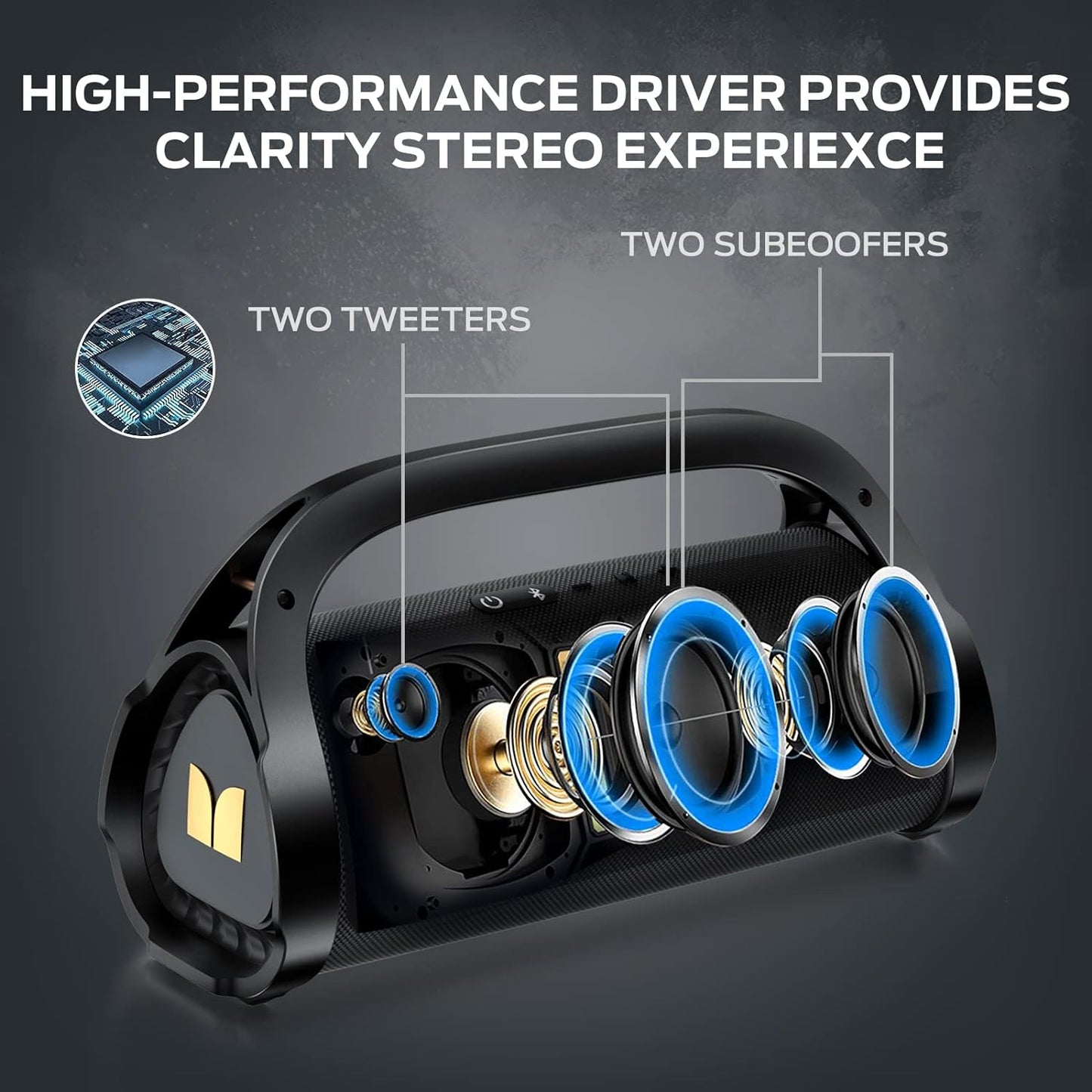 Monster Adventurer Max Bluetooth Speaker with Two Wireless Microphones, IPX7 Waterproof Outdoor Speakers with 100W Powerful Stereo Sound, Portable Bluetooth Speakers for Home, Camping, Gold