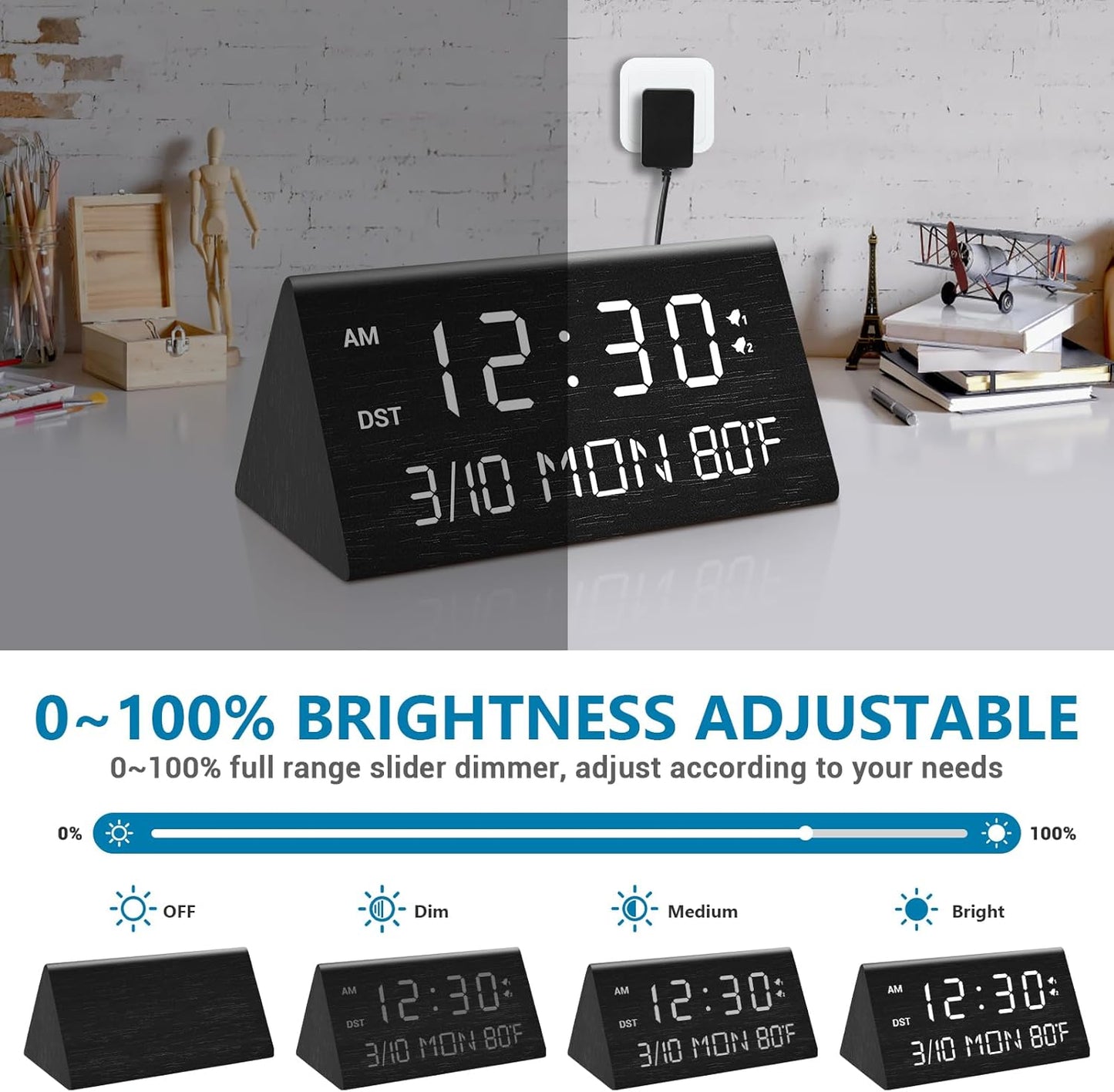 Kogonee Wooden Digital Alarm Clock, 0-100% Dimmer, 2 Alarm Settings, Weekday/Everyday Mode, 9 Mins Snooze, 12/24H, Temperature and Date Display for Office, Travel, Bedroom Alarm Clock (White)