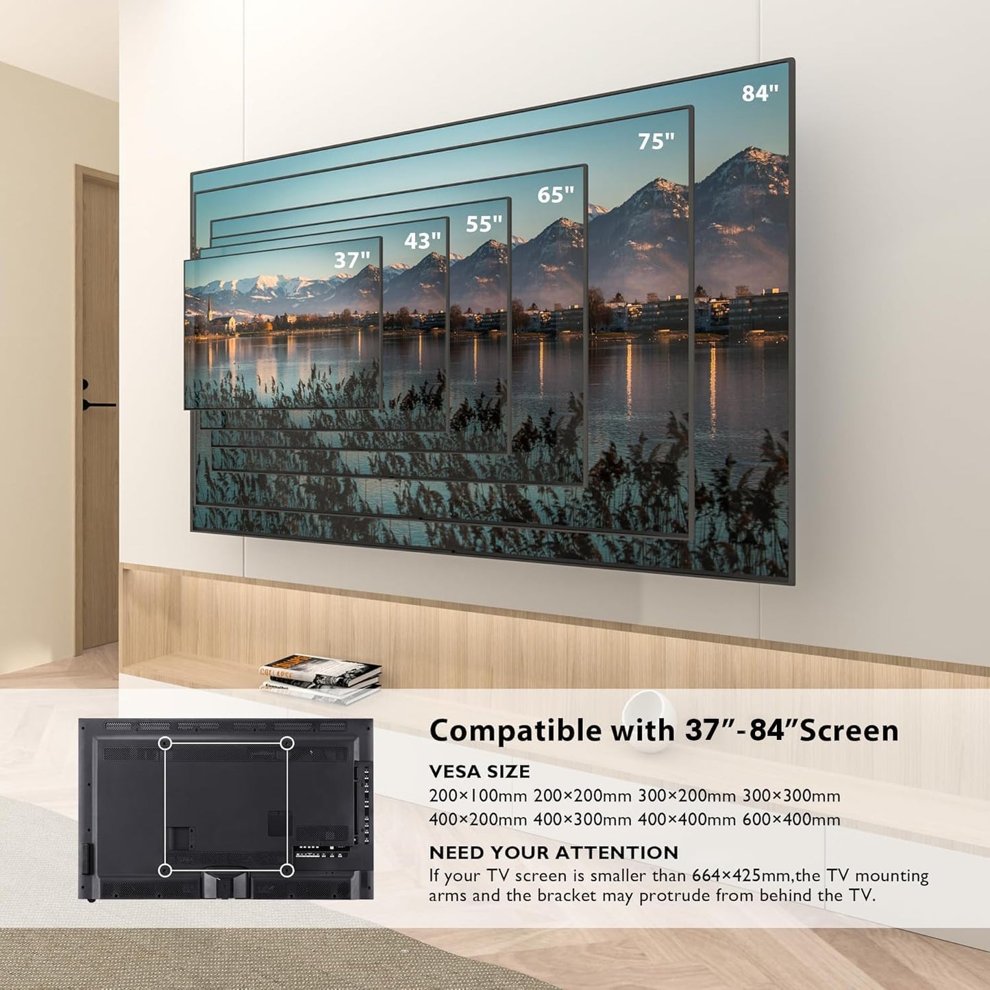 BONTEC Full Motion TV Wall Mount for 37-84 Inch LED LCD OLED Flat Curved TVs, Swivel Tilt Articulating Dual Arm TV Mount Bracket Holds up to 132lbs, Max VESA 600x400mm, Easy Installation