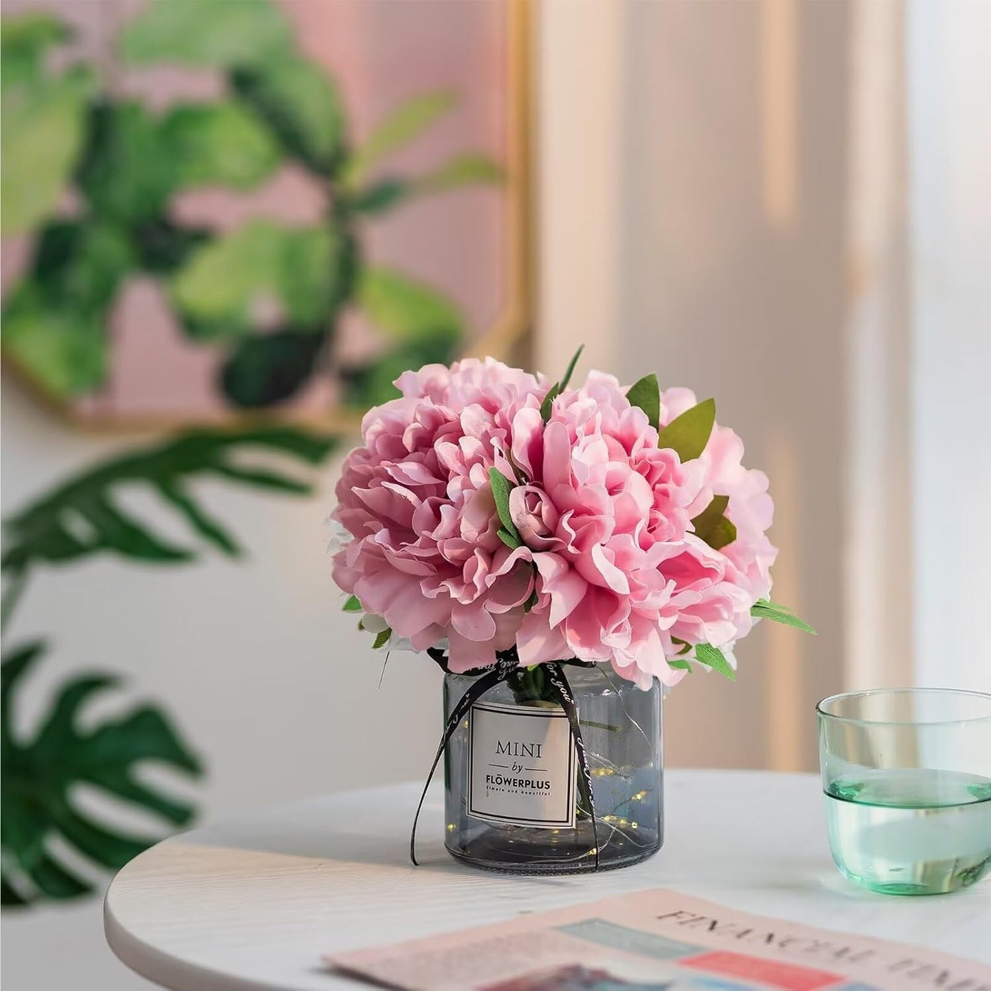 BLOSMON White Fake Flowers with Vase: Small Coffee Table Decor Bathroom Hydrangea Faux Flowers in Vase Office Desk Shelf Home Living Room Bedroom Vanity nightstand Decorations Floral Arrangement