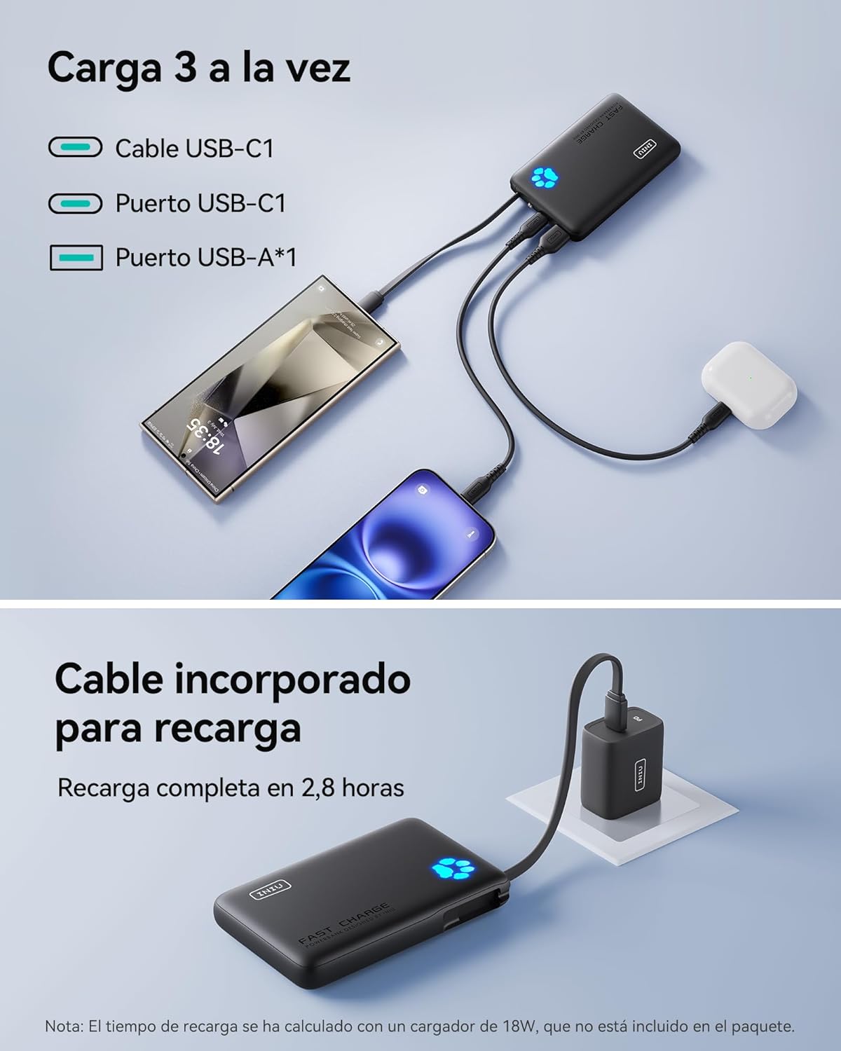 INIU Portable Charger, Slim 10000mAh Power Bank with Build in USB-C Cable, 20W Fast Charging Powerbank with Cords Wires, Travel Essentials Battery Pack for Multi Smartphones Tablets, Yellow
