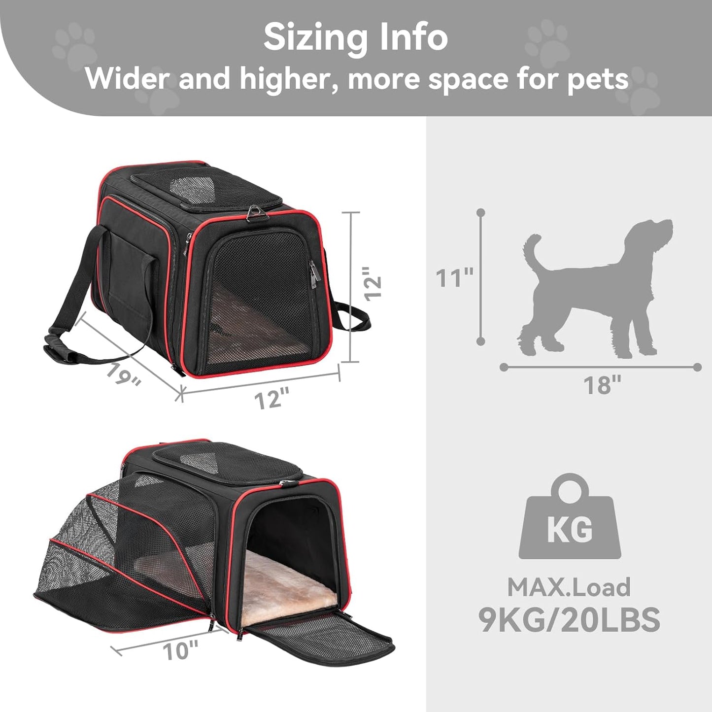 Petsfit Expandable Cat Dog Carrier Airline Approved, 17" L x 11" W x 11" H Soft-Sided Portable Pet Travel Carrier for Kitten, Puppy, Removable Soft Plush Mat and Pockets, Auto-Locking Zippers