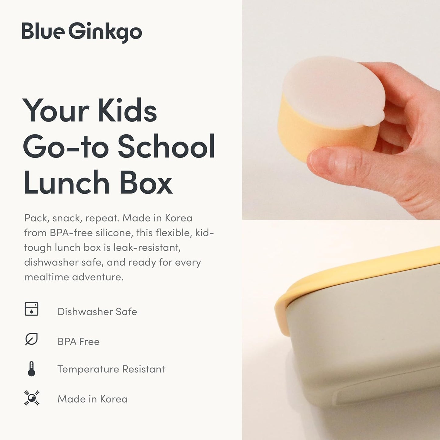 Blue Ginkgo Kids Silicone Lunch Box Set – Durable Heavy-Duty Silicone Bento Box, Microwave, Freezer, Dishwasher Safe – Airtight, BPA Free (Made in Korea, Coral)