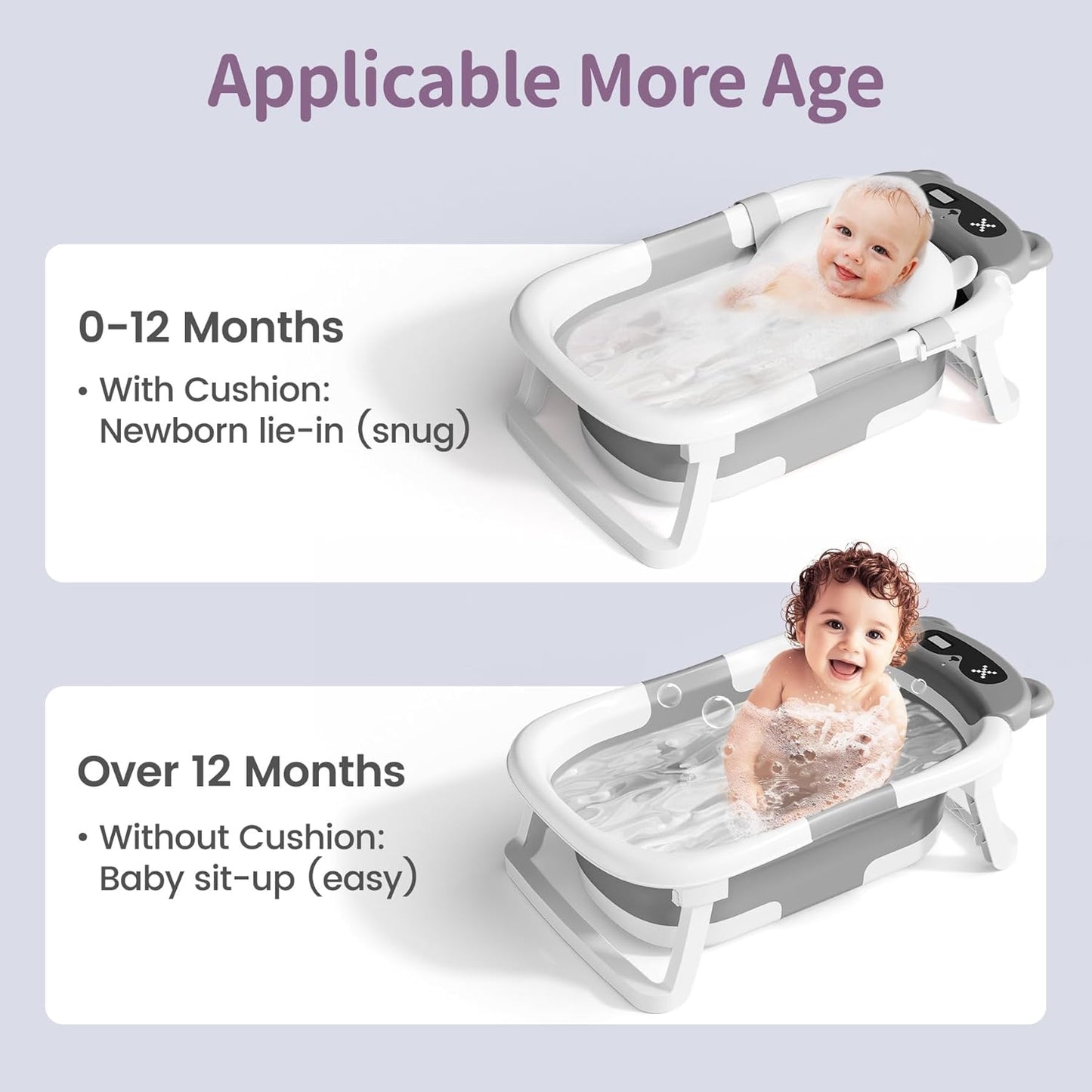 Kerbwry Baby Bathtub for Newborn to Toddler, Baby Bath Tub with Soft Towel and Floating Cushion, Baignoire Pour Bébé, Shower Essentials for Newborn (0-18 Months) Grey