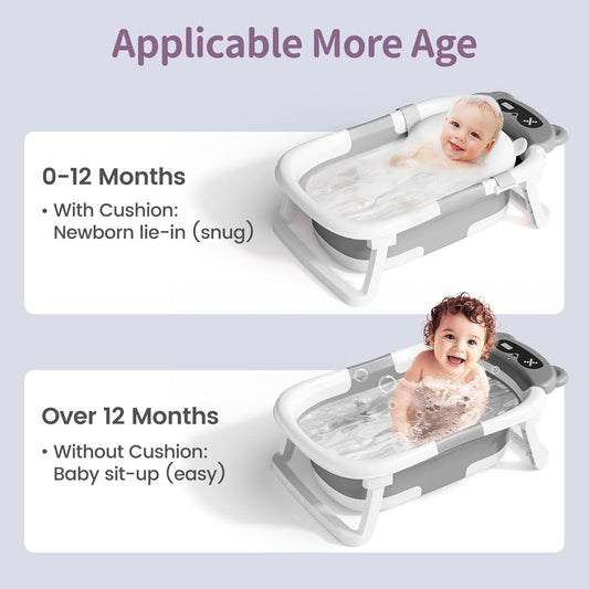 Kerbwry Baby Bathtub for Newborn to Toddler, Baby Bath Tub with Soft Towel and Floating Cushion, Baignoire Pour Bébé, Shower Essentials for Newborn (0-18 Months) Grey - PuriLite