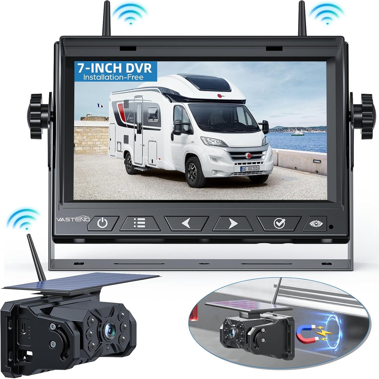 Magnetic Solar Wireless Backup Camera No Installation VASTEND 7'' Rear View Camera for Car No Delay 10000mAh Rechargeable RV Backup Camera 1080P for Truck Trailer Camper (VS-7A)