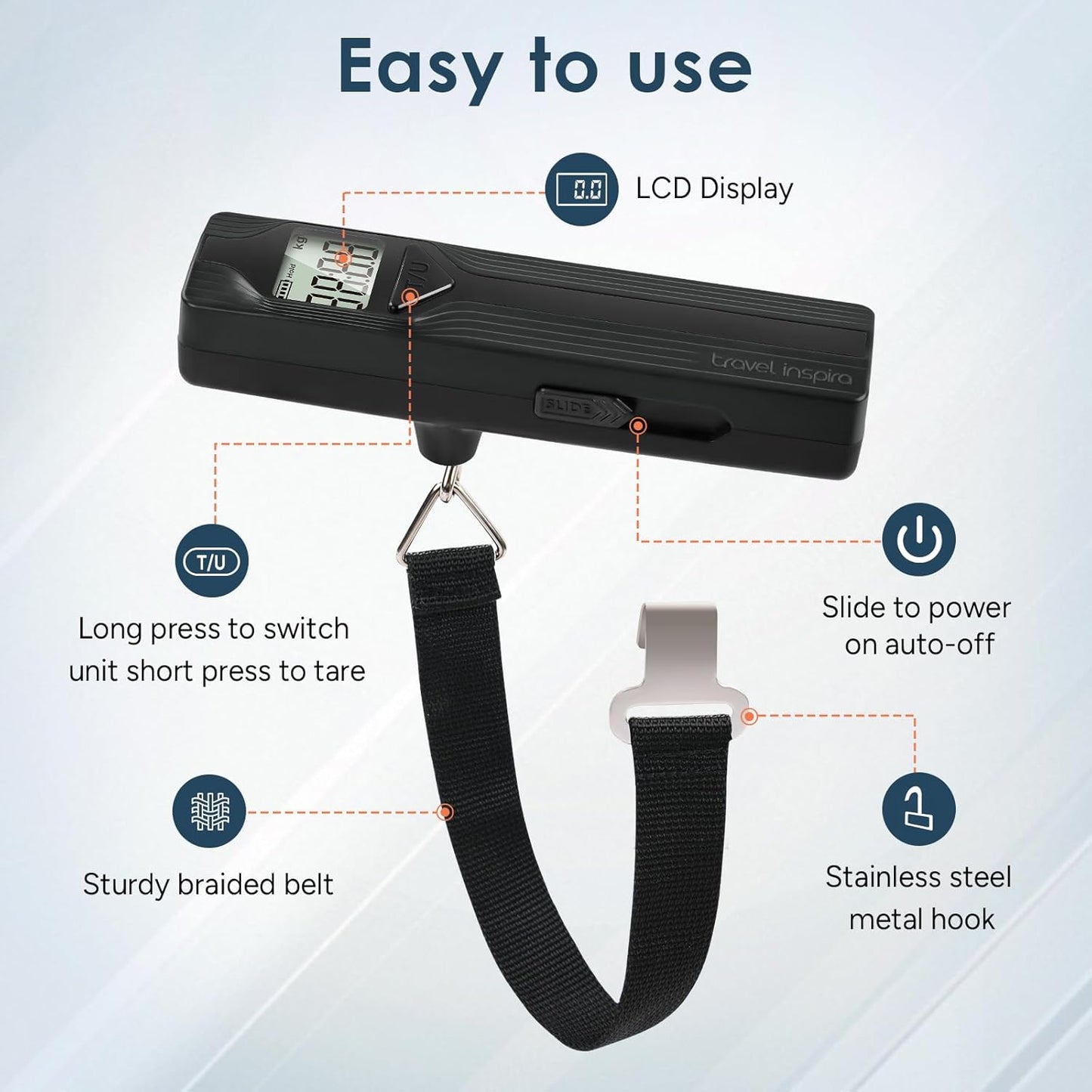 travel inspira Luggage Scale Battery-Free, Travel Essentials, Portable Handheld Digital Suitcase Weight Scale for for Travel Accessories, 110lbs/50kg (Gray)