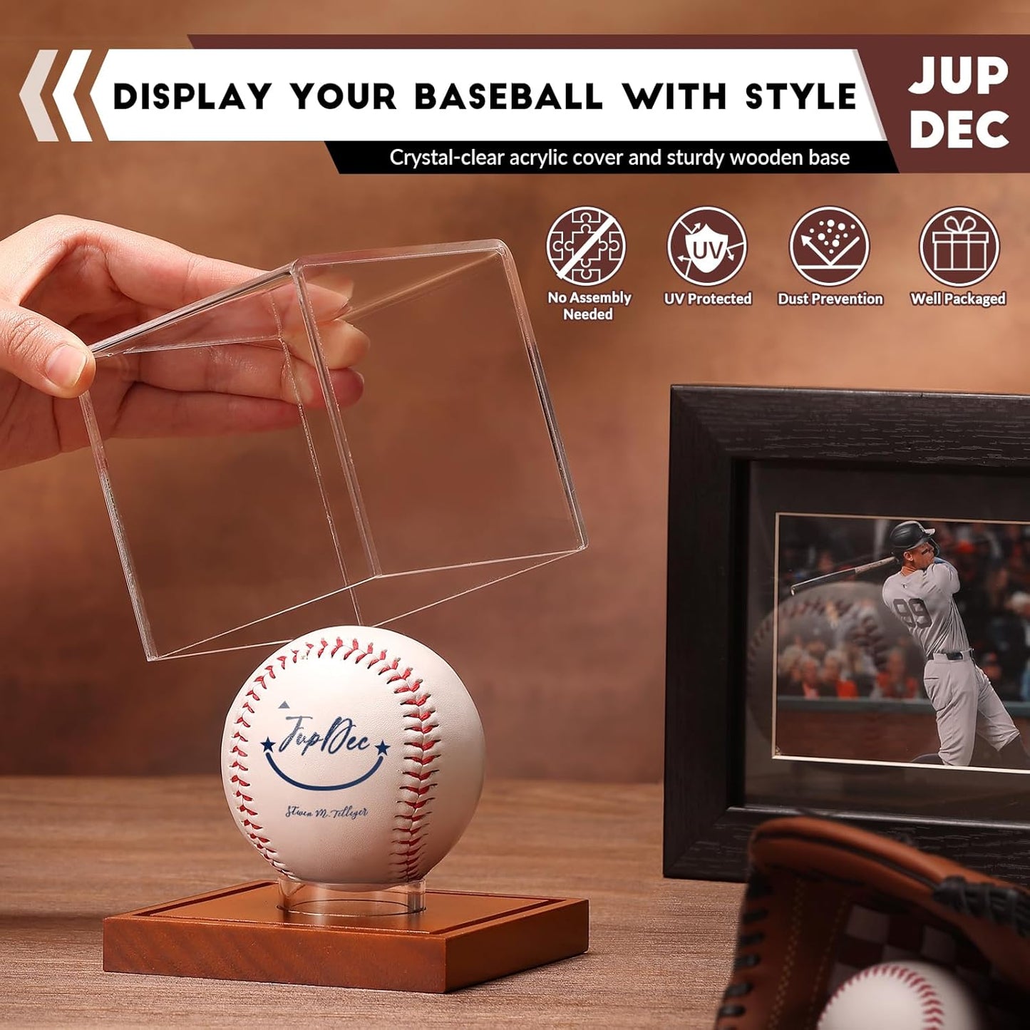 JupDec Baseball Display Case, Clear Cube Baseball Holder with Wooden Base, Autograph Baseball Stand Box for Single Ball, Acacia Wood, Brown, 1 Pack
