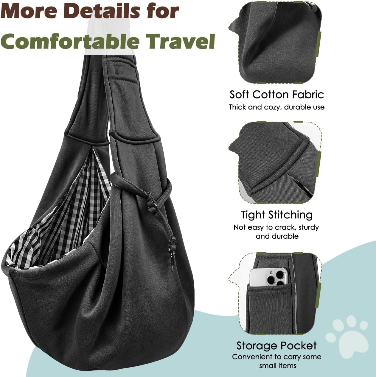 Pawaboo Small Dog Sling Carrier, Reversible Hands Free Dog Sling Carrier for Small Dogs and Cats, Puppy Sling Carrier with Adjustable Strap Buckle & Safety Harness, Puppy Essentials, Grey