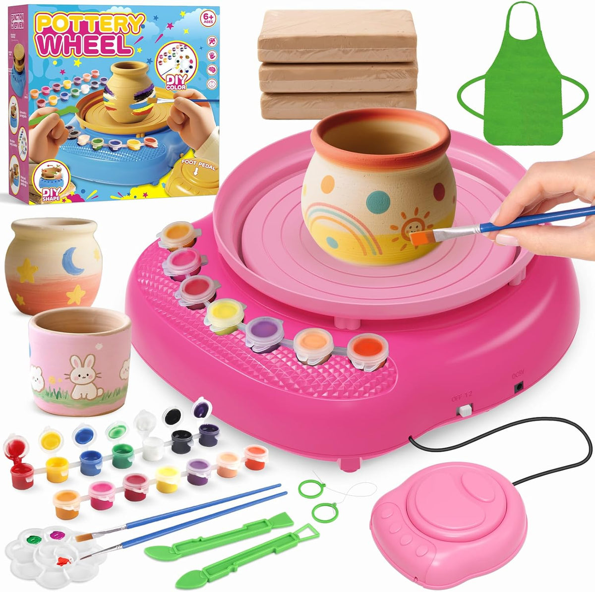 Kids Pottery Wheel Kit for Beginners with Clay, Paints, Tools, and Apron – Complete Art & Craft Set for Ages 6–12, Creative DIY Pottery Toy (Rose) - PuriLite