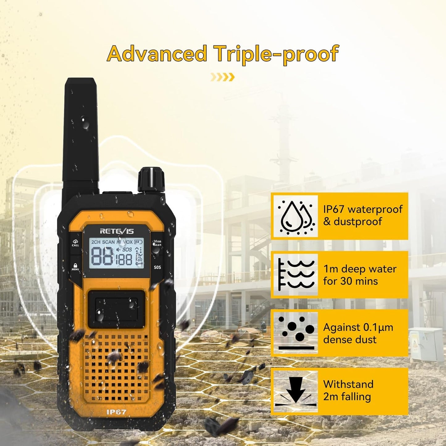 Retevis RB48 Walkie Talkies for Adults, Heavy Duty 2 Way Radios Long Range with Six-Way Charger, IP67 Waterproof, Shock Resistant, Dual PTT, 2000mAh Battery Two Way Radio,Jobsite Construction(6 Pack)