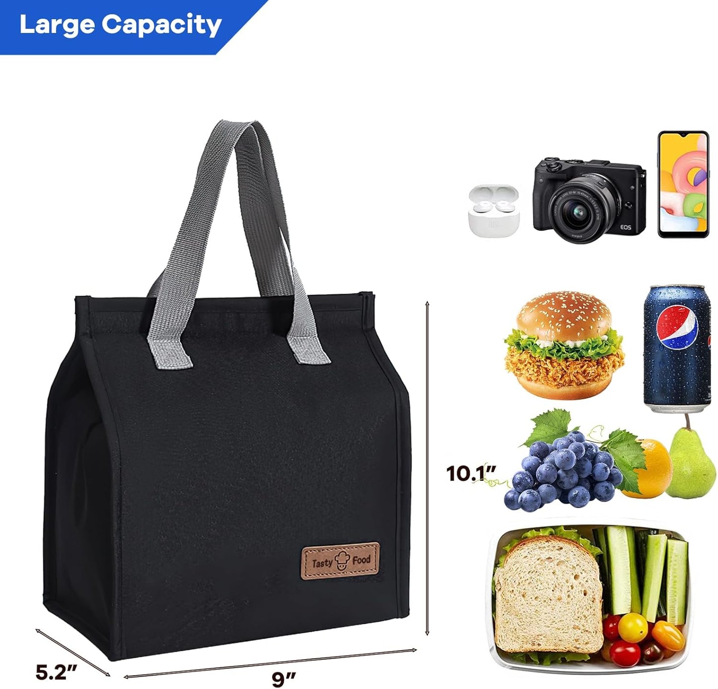 Lunch Bags for Women Men, Reusable Insulated Leakproof Lunch Box Bag for Adult Kids, Small Cooler Bag for Work School Picnic Travel (Black)