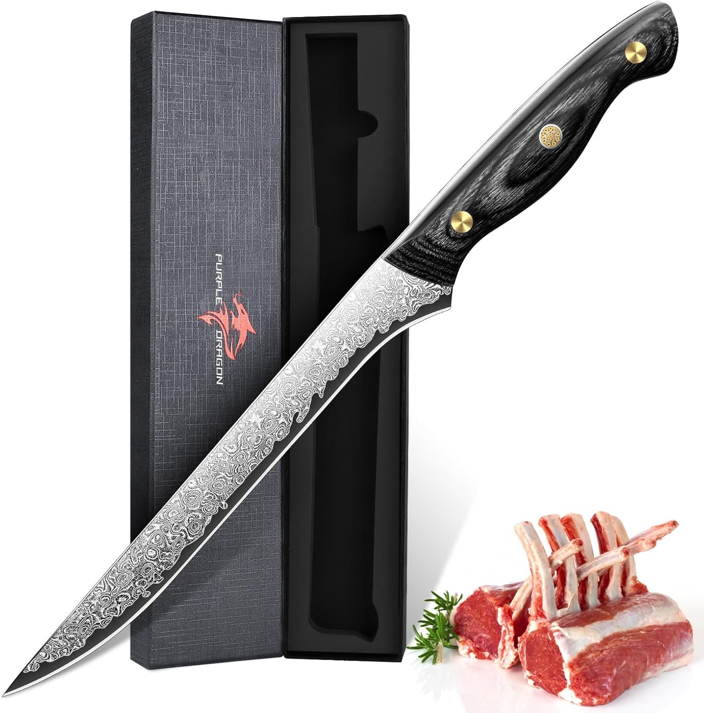 Purple Dragon Damascus Fish Fillet Knife - 7 inch Flexible Boning Knife with VG10 Core, Kitchen Slicing Knife with Full Tang Handle, Birthday Dad Mom Gift