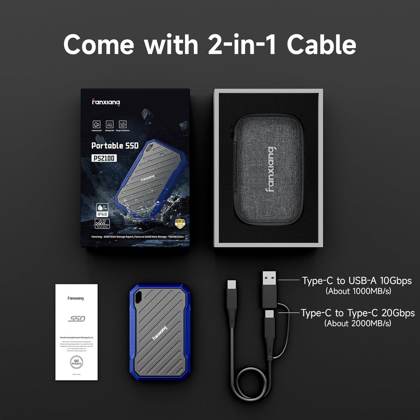 fanxiang Portable SSD 1TB External Hard Drive, Up to 2000MB/s USB 3.2 Gen2, IP68 Water and Dust Resistance, External Solid State Drive Reliable Storage for Gaming, Students, Professionals