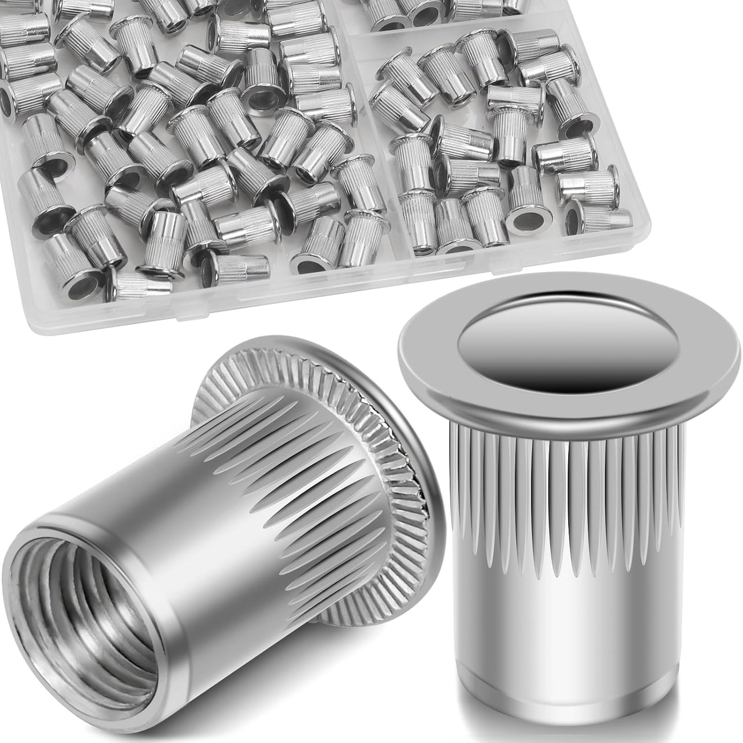 Vifmy Metric & SAE Rivet Nut Assortment Kit(420 Pcs),m3 m4 m5 m6 m8 m10 m12#6-32#8-32#10-24 1/4"-20 5/16"-18 3/8"-16 UNC Flat Head Rivnut Set,Zinc Plated Finish Carbon Steel Nutsert