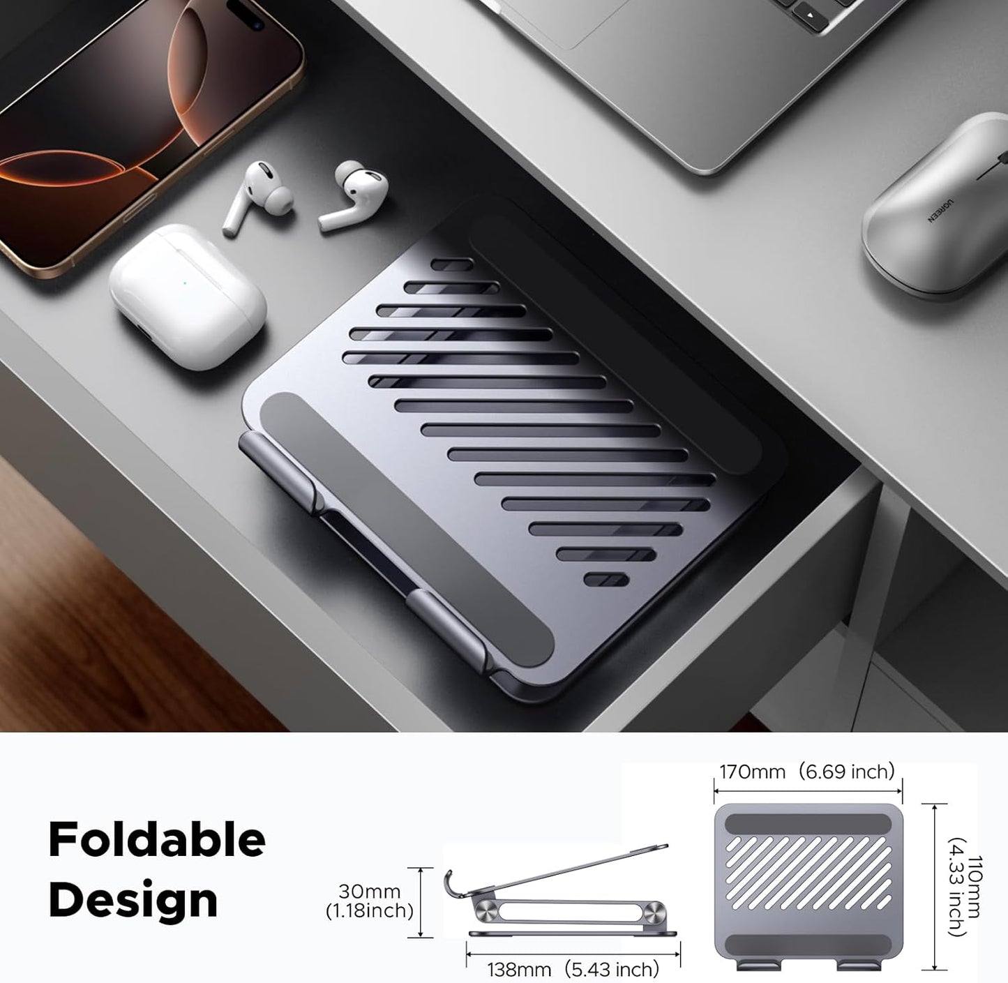 UGREEN Tablet Stand Holder for Desk, Aluminum Desktop Tablet Holder Dock Adjustable Foldable Riser Compatible with iPad Pro 12.9, 9.7, 10.5, iPad Air, iPad mini, Surface Pro, Galaxy Tab, Silver